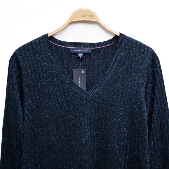 Tommy Hilfiger Womens XXL Blue Metallic V-Neck Pullover Sweater Glam Holyday NWT - Picture 2 of 7